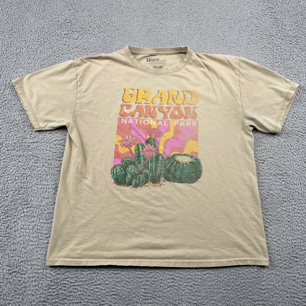 National Park Foundation T-Shirt Mens XL Tan Grand Canyon Cactus Graphic Cotton